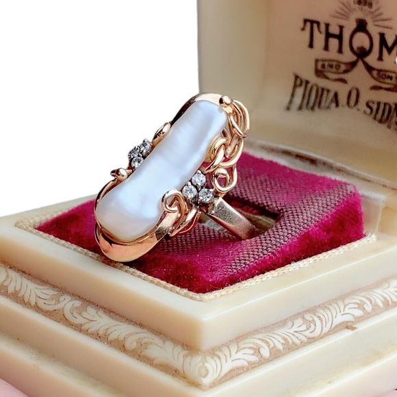 Vintage .585 14K Solid Yellow Gold Baroque Pearl & Diamond Estate Ring Sz 8.5 - Picture 9 of 12